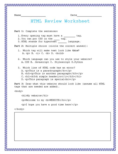 Mash Rd Th Class Html Css Review Worksheet