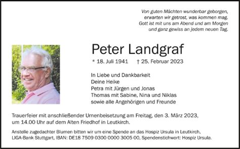 Traueranzeigen Von Peter Landgraf Schwaebische De Trauerportal