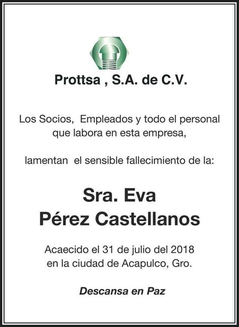 Señora Eva Pérez Castellanos Obituario Esquela