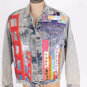 Vintage Hand Painted Acid Wash Jean Jacket Blue Denim Glitter Paint