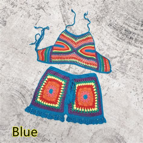 Hand Crochet Bikini Set Large Square Shorts Crop Top Halter Tank Swimsuit Suit On Onbuy