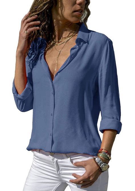 Zcandgf Damen Bluse Chiffon Elegant Langarm Oberteile Einfarbig V