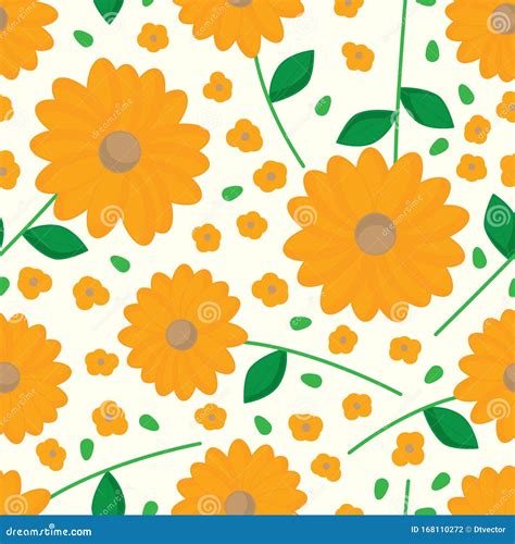 Daisy Orange Color Flower Leaf Seamless Pattern Stock Vector