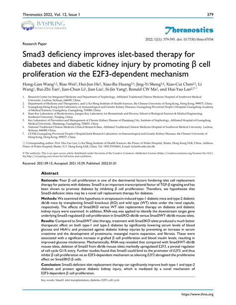 Pdf Smad Deficiency Improves Islet Based Therapy For Diabetes And