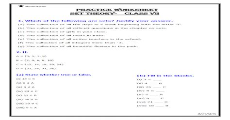 07 Ws1 Sets 2012 Practice Worksheet Set Theory Class Vii Ws1 Sets 2012 Practice Worksheet Set