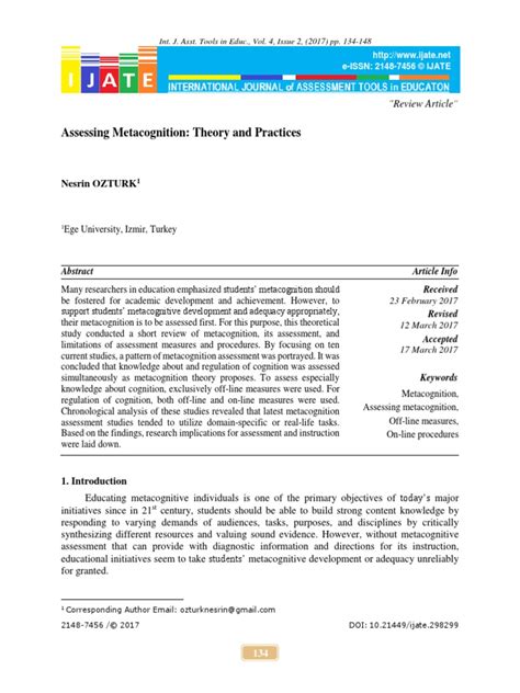 Assessing Metacognition Theory And Practices Nesrin Ozturk Pdf