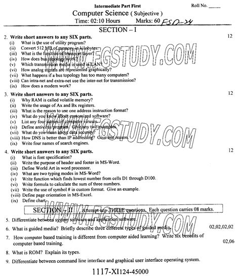 11th Class Computer Science Past Paper 2024 Faisalabad Board Subjective