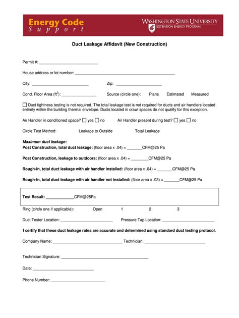 Fillable Online Energy Wsu Duct Leakage Affidavit New Construction