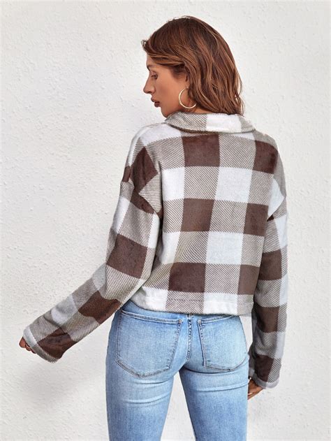 Shein Ezwear Buffalo Plaid Pattern Drop Shoulder Crop Flannel Jacket