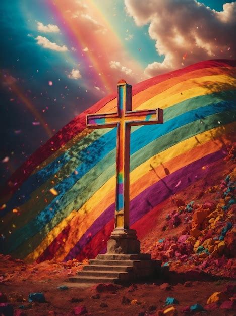 Premium Ai Image A Vibrant Christian Cross Surrounded By A Vibrant Rainbow Of Colors