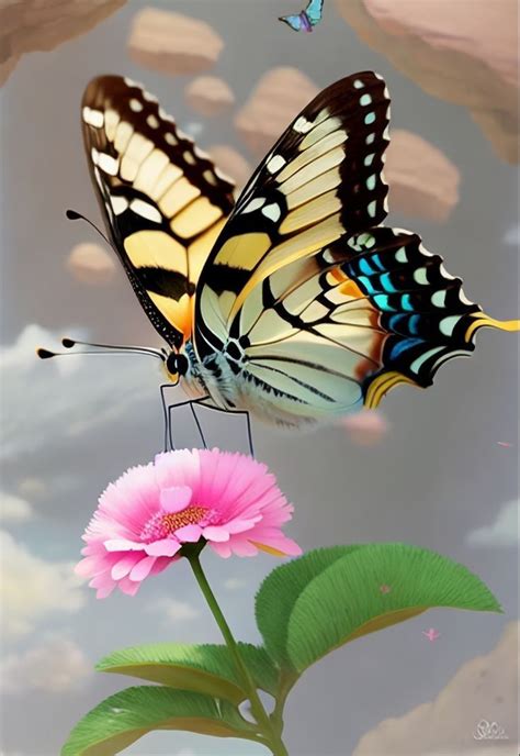 Two Butterflies Flying Over A Pink Flower