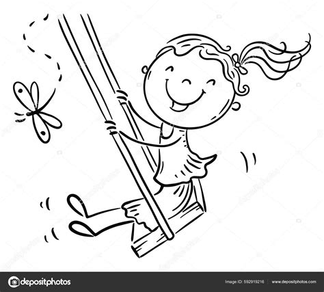 Doodle Teen Girl Swing Hand Drawn Outline Vector Cartoon Illustration