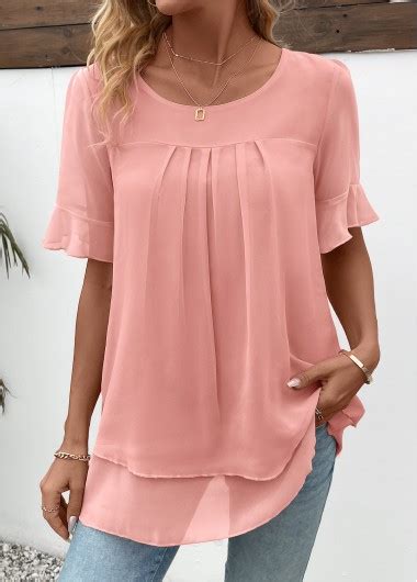 Rotita Layered Pink Round Neck Short Sleeve Blouse Usd