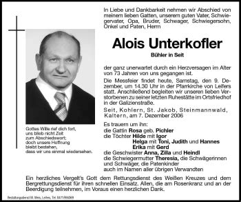 Traueranzeigen Von Alois Unterkofler Trauer Bz