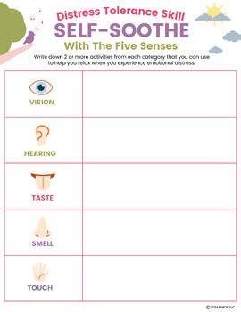 Dbt Self Soothing Worksheet With Senses Pgs Distress Tolerance Dbt