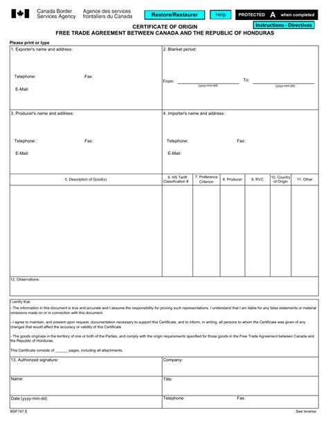 Canada Certificate Of Origin Form