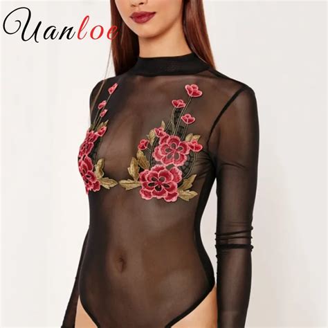 Uanloe Sexy Turtleneck Sheer Mesh Bodysuit Women 2017 Summer Floral