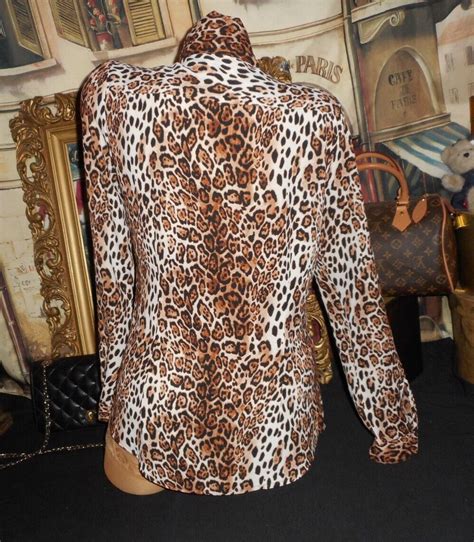 M Silky Pussy Bow Blouse Leopard Cheetah Long Slee Gem