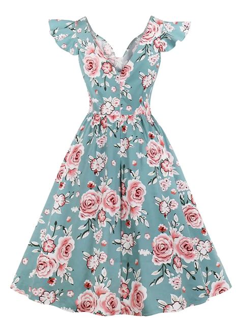 Womens Dress Floral Print Butterfly Sleeve A Line Waist Porm Dresses