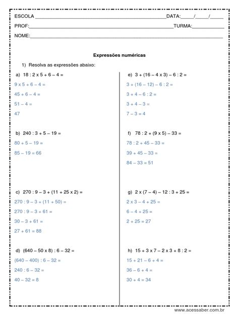 Exercicios Expressões Numericas 6 Ano - Exercícios de Expressões Numéricas 6º Ano | PDF