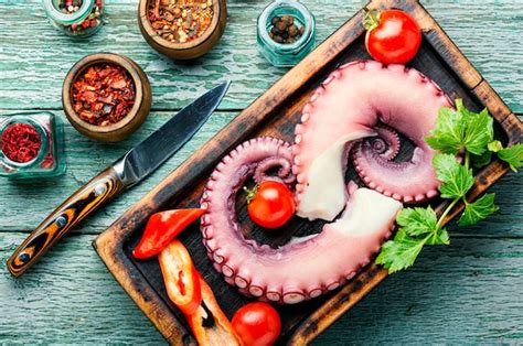 Pulpo Crudo Fresco En Tabla De Cortar Foto Premium