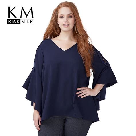 Kiss Milk Plus Size Women Long Flare Sleeve Blouse Solid Dark Blue V