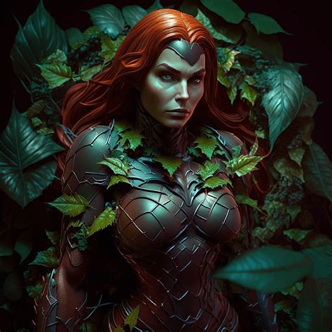 バットマン 悪役 女性 アートワーク デジタル アート 植物 Poison Ivy 赤毛 長い髪 ビューアーを見て 葉