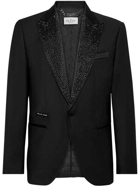 Philipp Plein Crystal Embellished Single Breasted Blazer Black