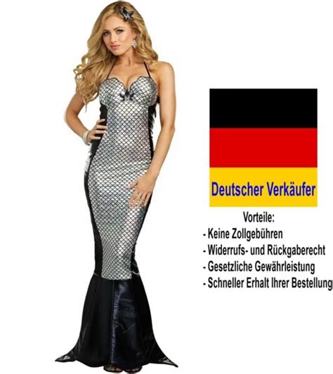 C24 DAMEN Kostüm Meerjungfrau Kleid Lang Silber Schwarz Fasching