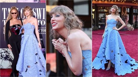 Taylor Swift Poses With Beyoncé At The Eras Tour Movie Premiere Stuns In Stunning Blue Cut Out