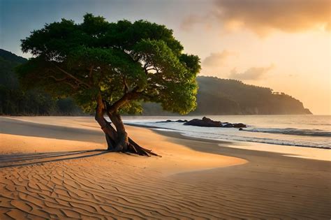 Un árbol en la playa al atardecer Foto Premium