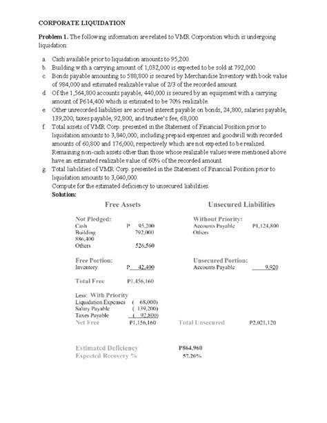 Corporate Liquidation Corporate Liquidation Problem The Following