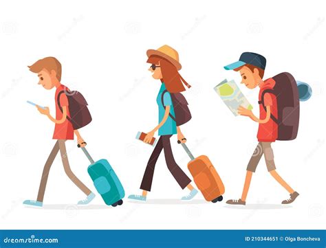 Vector Set Group Of Young Tourists Traveling People Stock Vector