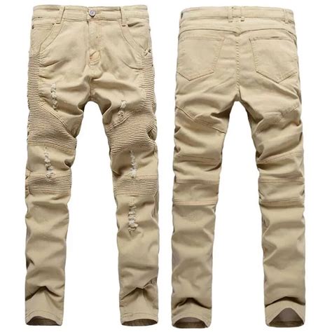 Top Quality Mens Khaki Biker Jeans Men Pleated Destroy Wash Denim Skinny Jeans Men Male Ripped