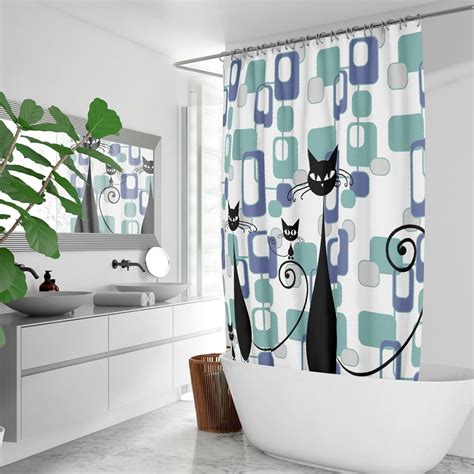 Atomic Cat And Kittens Mcm Shower Curtain Mid Century Modern Retro