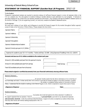 Fillable Online Law Udmercy STATEMENT OF FINANCIAL SUPPORT CanAm Dual