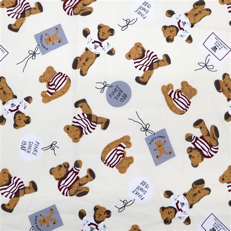 Teddy Bear Cotton Fabric Cute Teddy Bear Printed On White Etsy