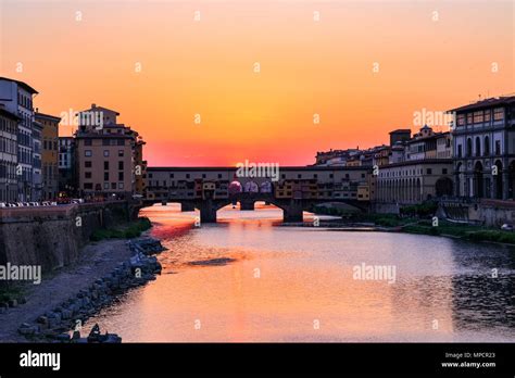 Sunset At Ponte Vecchio Old Bridge Over The River Arno In Florence