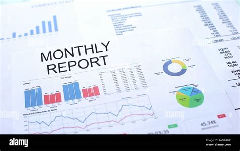 Monthly Report Lying On Table Graphs Charts And Diagrams Official