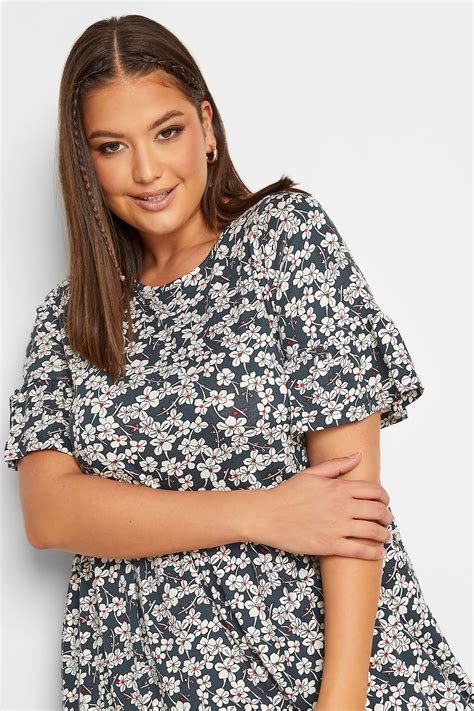 YOURS Curve Plus Size Navy Blue Ditsy Floral Print Smock Tunic Dress