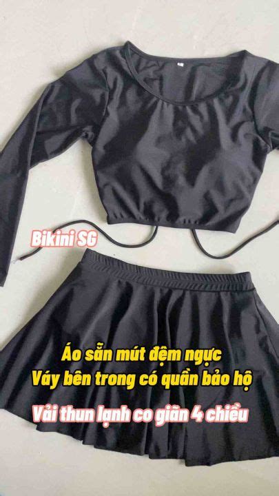 Đồ bơi nữ kín đáo bikini 2 mảnh tay dài phối chân váy xòe màu đen phong