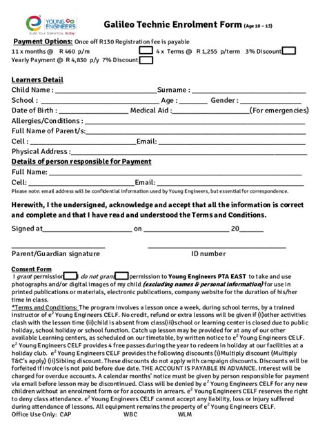 Fillable Online Galileo Technic Enrolment Form Age 1013 Fax Email