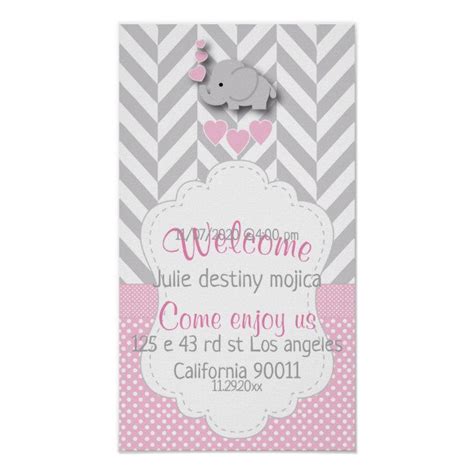 Pink White Gray Elephant Baby Shower Welcome Poster Zazzle Gray