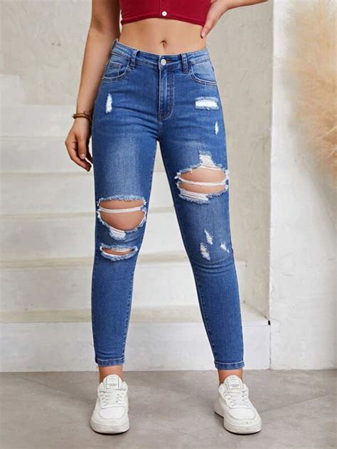 SHEIN Essnce High Waist Ripped Skinny Jeans SHEIN USA