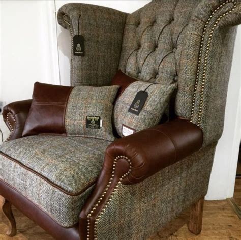 New Quality Leather Harris Tweed Chesterfield Wingback Armchair