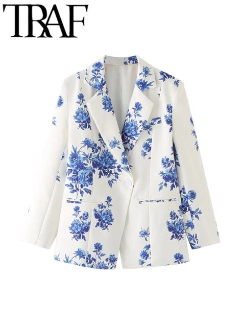 Traf Elegant Floral Printed Women Blazer Spring Long Sleeve Single