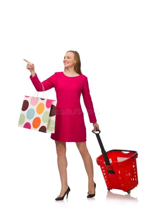 The Woman With Shopping Cart Isolated On White Stock Image Image Of