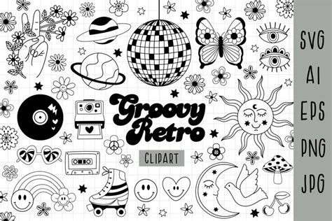 Retro Clipart Black And White Groovy Hippie Retro Flower