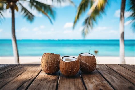 Premium Photo Three Open Coconuts On A Wooden Table On A Blurred