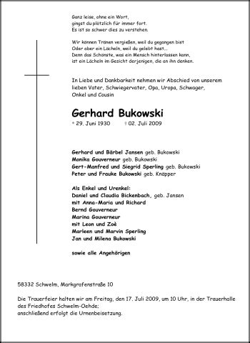 Traueranzeigen Von Gerhard Bukowski Trauer In Nrw De